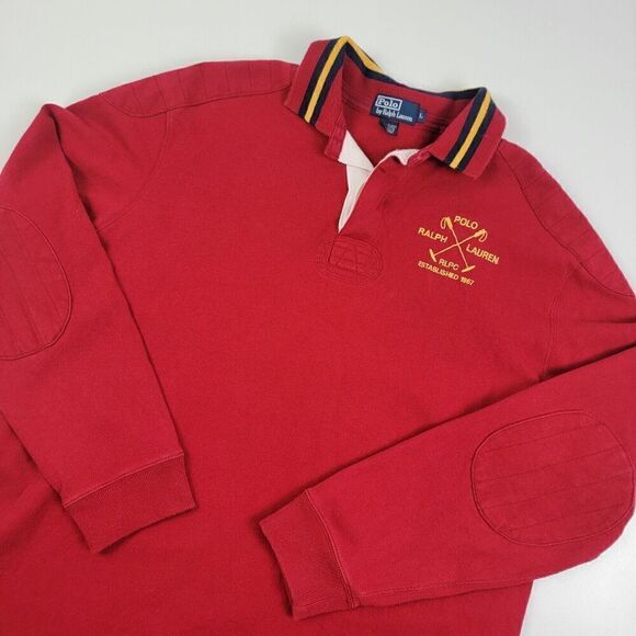 Vintage 90’s Polo Ralph Lauren Logo Rugby Red Patches Men’s Large Long Sleeve SS - Picture 1 of 8